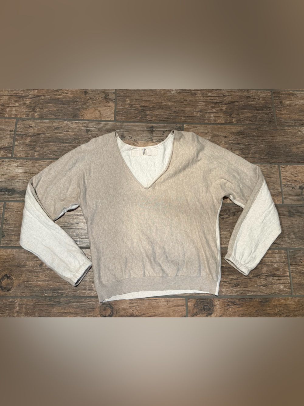 Women's Two-Tone V-Neck Sweater — Light Taupe with Cream Sleeves